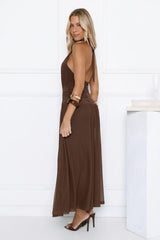 Whispered Promises Halter Mesh Maxi Dress Brown
