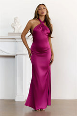 Crowned Nights Satin Halter Maxi Dress Plum